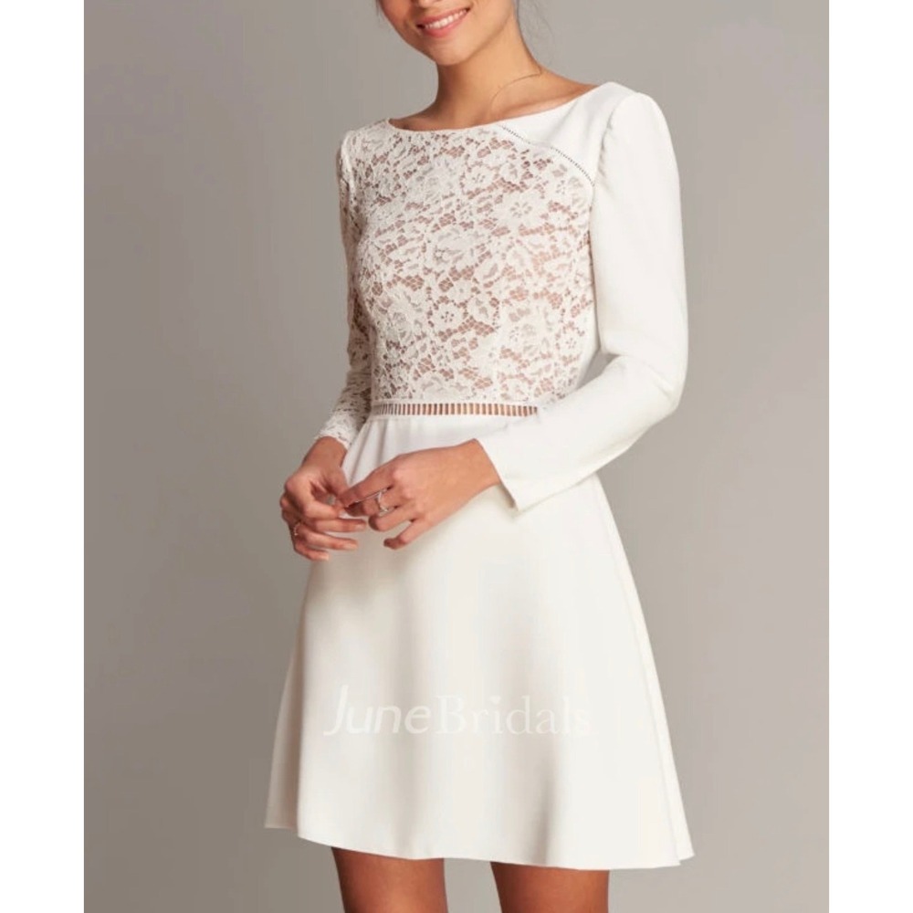 June Bridals White Lace Long Sleeve Open Back A-Line Bridal Dress